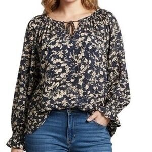 Chaps Womens Plus Size 2X Navy Floral Print Long Sleeve Smocked Neck Blouse NEW